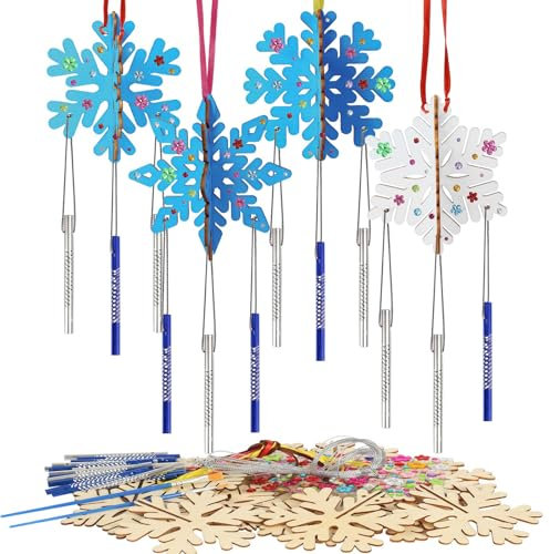 WEDNOK 8 Stück 3D Schneeflocke Windspiel Bastelset Holz Schneekristall Basteln Kinder Schneeflocke Bastelhandwerk zum Bemalen Eiskristalle Kreativsets für Mädchen Jungen Weihnachten Winter