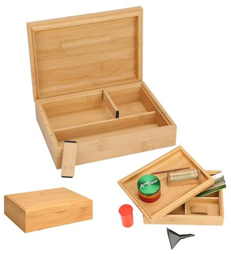 RYO TRUST Boîte de rangement en bambou naturel avec plateau à 2 compartiments, 22 x 16 x 6,5 cm (L x l x H) - Boîte à souvenirs avec couvercle magnétique - Boîte décorative pour le rangement de la