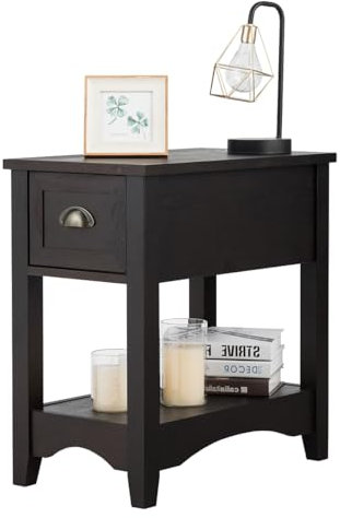 LIFEZEAL Nachttisch Holz, Wohnzimmertisch mit Schublade, Nachtkommode mit Beinen aus Gummibaumholz, Beistelltisch schmal für Wohnzimmer, Schlafzimmer, Vintage-Design, 33 x 56 x 58,5 cm (Walnussbaum)