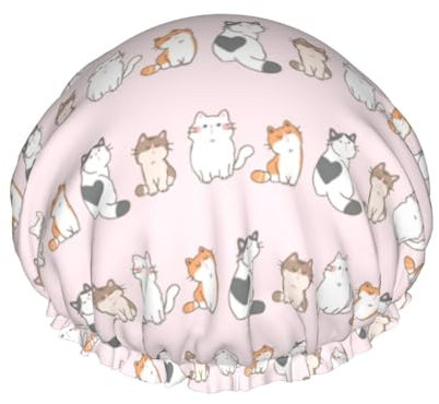 Cartoon Cat Design on Light Pink Shower Caps for Women, Elastic Reusable Bathing Hair Cap Environmental Protection Hair Bath Caps, Double WaterproofBathing Shower Hat