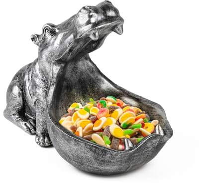 efuturetime Bowl Hippo, Resin Key Tray Figure, Large Mouth Hippo Statue Table Decoration, Modern Key Tray for Hallway, Living Room, Office, Gifts, Decoration, Silver, Small