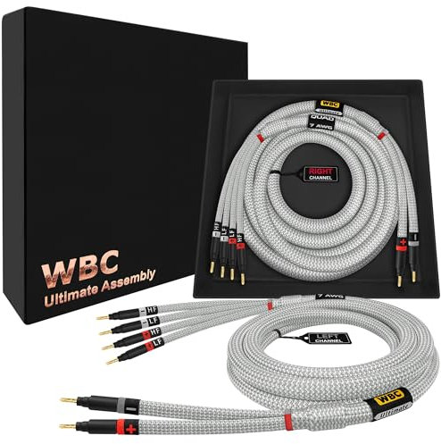 WORLDS BEST CABLES 2 Meter ULTIMATE - 7 AWG - Ultra-Pure OFC – Extra Premium Audiophile HiFi Bi-Wire Speaker Cable Pair with Eminence Gold Banana Plugs & Silver Tweed Jacket