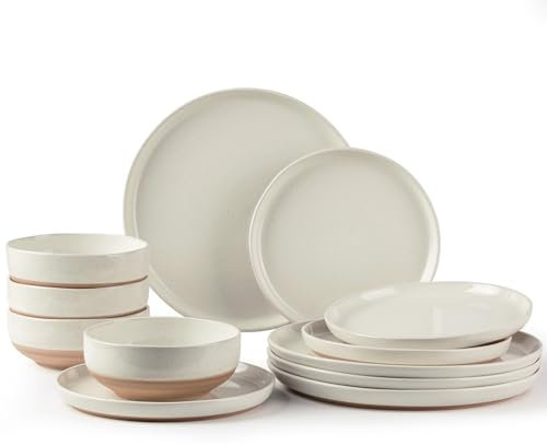 AmorArc Juego de vajilla de cerámica, juego de platos y cuencos pintados a mano con parte inferior de terracota rústica, juego de platos de gres resistentes a los arañazos, apto para lavavajillas y