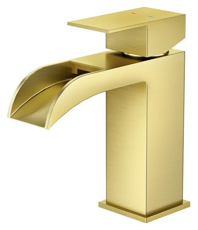 Faustina Waschtischarmatur Bad für Waschbecken eckig Wasserfall mit Pop-Up Ablaufgarnitur, Einhebelmischer Waschtisch Armatur Wasserhahn Bad Waschbeckenarmatur Badarmatur, Edstahl Gold gebürstet
