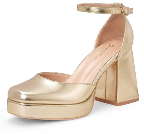 GENSHUO Women's Platform Chunky Heel Pumps 4 Inches Closed Square Toe Heels with Ankle Strap Dress Wedding Party Shoes Gold 6.5 UK