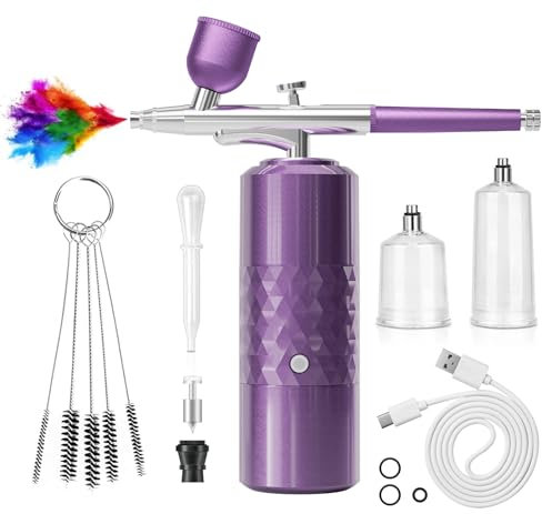 Airbrush Kit Rechargeable Cordless Airbrush Compressor Portable Handheld Airbrush Air Brush for Model Painting,Nail Art,Cake decoration,Makeup, Barber (Purple)
