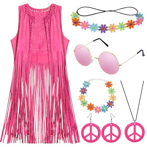 YADODO Hippie Kostüm Damen Weste Set Hippie Kleidung Damen zubehör Boho Bolero Vintage Rosa 60er 70er Bekleidung Damen 70er Outfit Disco Fransenweste Cowgirl Karneval Faschingskostüme für Frauen(M)