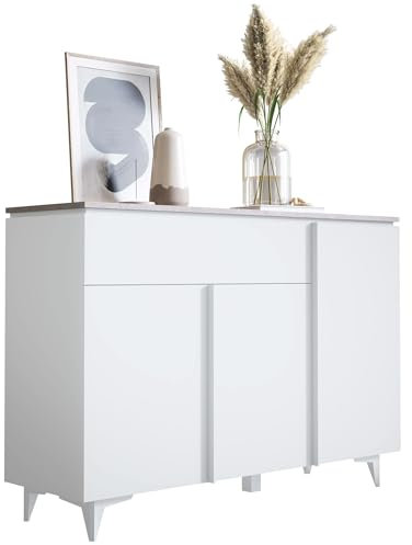 Newroom Kommode Weiß Sandstein Sideboard Modern Elegant - 133x92x40 cm (BxHxT) - Highboard Anrichte - [Khora.Two] Wohnzimmer Schlafzimmer Flur Esszimmer