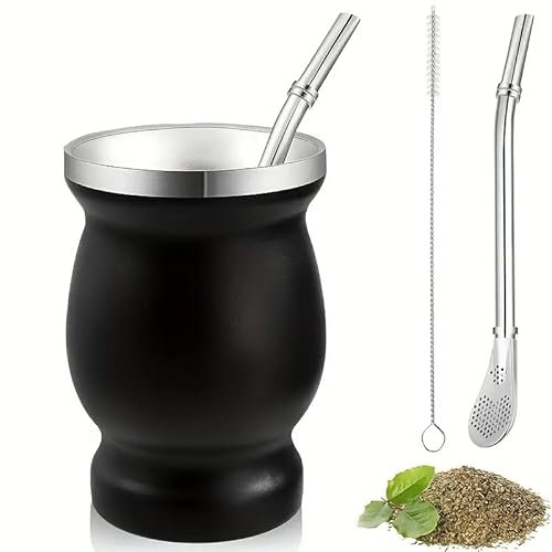 Mate Argentino - Kit Yerba Mate de Doble Pared de Acero Inoxidable con Pajita de Yerba Mate y cepillos para Limpiar la Bombilla Mate, Fácil de Limpiar Juego de Vaso de Yerba Mate de 8oz (Negro)