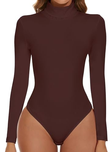 SHAPERIN Bodysuit Turtle Neck Women Long Sleeve Body Suit Women's Bodysuits Tops Leotard One Piece Jumpsuit Top Elegant Brown S
