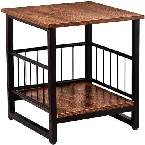 DHMAKER End Table, Industrial Side Table with 2-Tire Storage Shelf, 18 Wood Night Stand Small Bedside Table with Sturdy Metal Frame, Mini Fridge Stand with Adjustable Feet for Living Room Bedroom