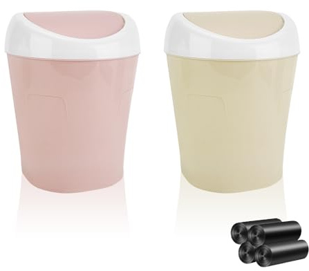 2 Stücke Mülleimer Klein mit Deckel, Mini Tischmülleimer mit Schwingdeckel | 4 Rollen Müllsäcke, Bunte Mini Mülleimer Tisch Kosmetikeimer 10*12*17cm, Tischabfalleimer für Bad, Büro (2 Stücke)