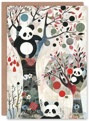 Artery8 Cute Panda Bears on Trees Colourful Folk Art Blank For Him Or Her Art Birthday Card