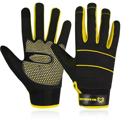 WESTWOOD FOX Herren-Arbeitshandschuhe für Arbeiter, Mechaniker, Touchscreen, rutschfeste Handfläche, gepolsterte Knöchel, Sicherheitshandschuhe, Rigger Mechaniker (Gelb, S)