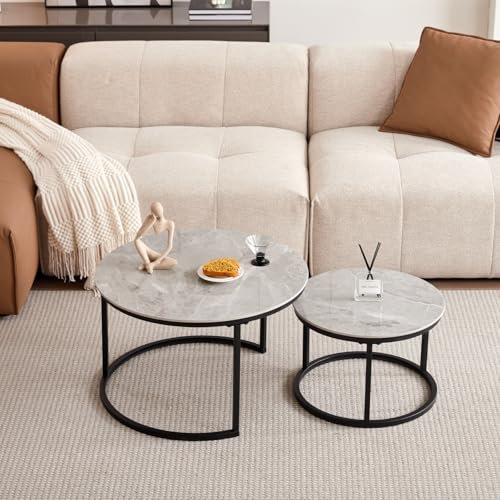 JZGORC Runder Couchtisch, Beistelltisch aus Grauem Marmor und Sinterstein für das Wohnzimmer, Nordischer Couchtisch mit Metallbeinen, Geeignet für Wohnzimmer, Balkon, Schlafzimmer – Schwarzer Rahmen