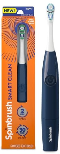 Spinbrush Smart Clean Brosse à dents électrique à piles, poils doux, bleu nuit