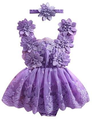 LYSINK Newborn Baby Girl Romper Dress Short Sleeve Mesh Tutu Dress Flower Lace Ruffle Jumpsuits Dress Headband 2Pcs Outfits (Bc Violet, 0-3 Months)