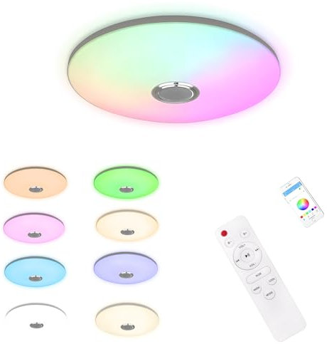 XMTECH 60W LED Deckenleuchte Dimmbar mit Bluetooth Lautsprecher, mit Fernbedienung oder APP-Steuerung, Ø37CM, Musik RGB Hintergrundbeleuchtung Farbwechsel für Wohnzimmer Kinderzimmer