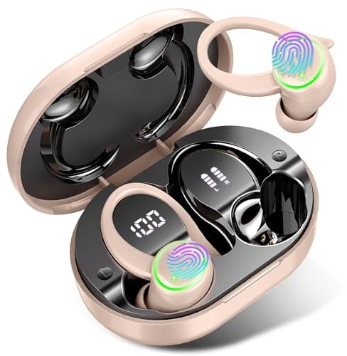Wireless Earbuds, Bluetooth 5.4 Headphones with 4 ENC Noise Canceling Mic, 50H Playtime Stereo Wireless Earphones with LED Display, Over Ear Buds with Earhooks, IP7 Waterproof for Sport, Rose Gold