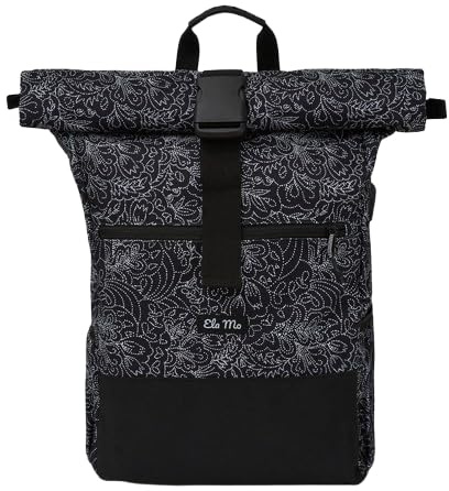 Ela Mo® Rolltop Rucksack Damen - Rollrucksack Anti Diebstahl für Sport & Reisen - Laptoprucksack für Schule, Uni, Business - Mit USB Anschluss & kompaktem Flaschenhalter - Dots
