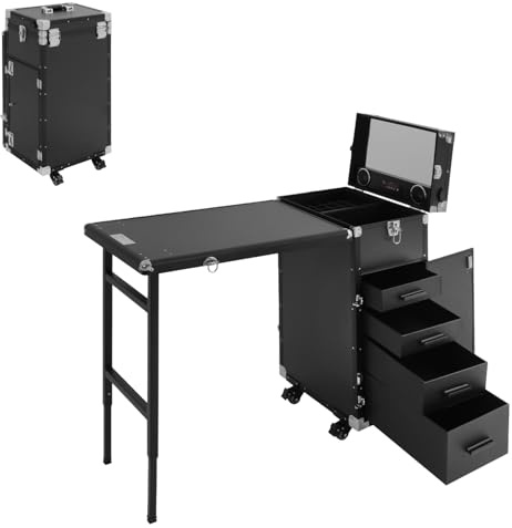 HUOMMGS Professioneller Kosmetikkoffer Trolley 2 In 1 Schminkkoffer mit Tisch Max Tragkraft 50KG Tragbarer Nageltisch mit 4 Schubladen und Rollen Multi-Function Friseurkoffer für Make-Up-Stationen