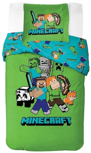 Minecraft Bedlinen Single Size | Duvet Cover 140x200 cm + Pillowcase 60x65 cm, 100% Cotton | Soft, Colorful & Reversible Bedding Set for Kids | Minecraft ''Classic'' Design
