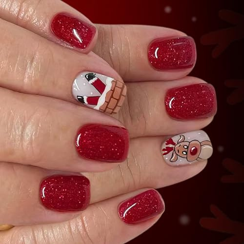 Künstliche Nägel mit Rentier Pailletten, Weihnachten, 24 Stück, ABS, zum Aufdrücken, einfache Anwendung für Partys und den täglichen Gebrauch, künstliche Nägel mit Rentier Pailletten