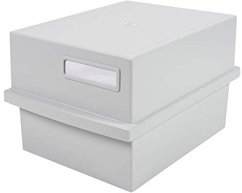 Exacompta 56240D Karteikassette Karteitrog DIN A6 quer. Aus Recycling-Kunststoff mit Deckel und 1 Trennplatte für bis zu 600 Karteikarten lichtgrau Blauer Engel Karteikasten