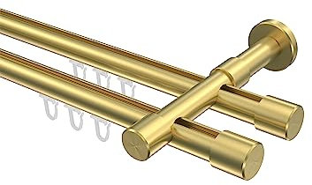 INTERDECO Innenlauf-Gardinenstange 20 mm 2-läufig, moderne Innenlaufstange aus Metall, Messing-Optik, zur Wandmontage, Typ 10213126, 100 cm
