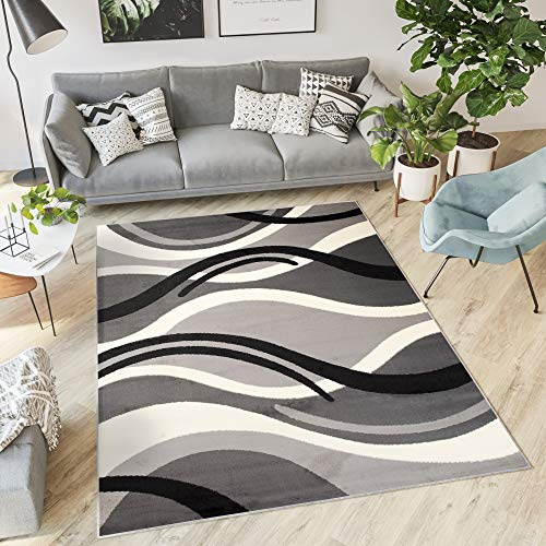TAPISO Dream Teppich Wohnzimmer Kurzflor Modern Grau Schwarz Weiß Wellen Streifen Esszimmer Schlafzimmer Küche ÖKOTEX 300 x 400 cm