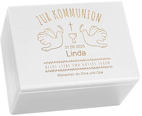 LAUBLUST Holzkiste zur Kommunion - Tauben Motiv | Geschenkkiste Personalisiert mit Gravur, FSC® (Weiß, ca. 40 x 30 x 24 cm | XL)