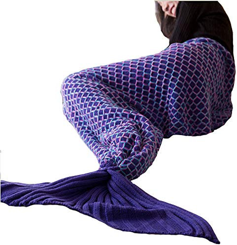 KFZ Heimdekoration, bunte Fischschuppen-Strickdecke, Meerjungfrauenschwanz, Überwurf, Sofa, warm, Schlafdecke, Überwurf, Design für Baby, Kind, Erwachsene (lila, 50 x 90 cm)