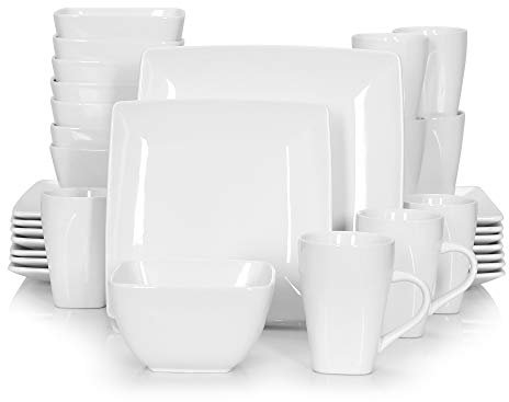 vancasso serie Soho Vajillas de 32 piezas para 8 personas 8 Platos Llanos, 8 Platos de postres, 8 Cuencos 8 Tazas, Vajillas de Porcelana Elegante, Cuadrado, Blanco