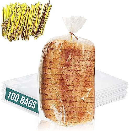 Reusable Plastic Bread Bags for Homemade Bread - 100 Pack Clear Bag with Ties For An Airtight Moisture-free Preservation and Storage - Loaf Home Bakers Bakery Owners