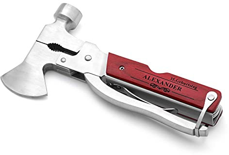 Maverton Multifunktionswerkzeug mit Gravur - kompaktes Multitool - personalisiert - aus Edelstahl + Holz - Geschenk zum Geburtstag für Männer - Dunkelbraun - Verzierung