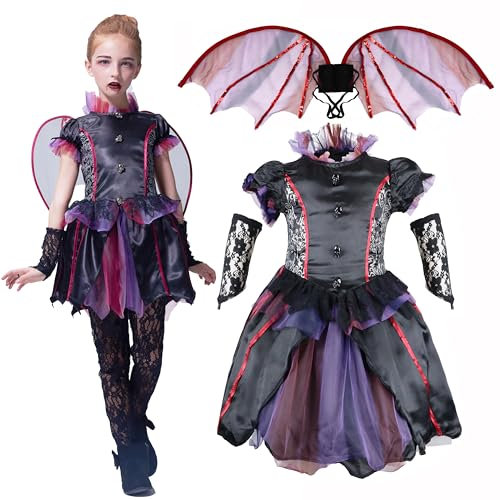 IKALI Costume da vampiro per bambini, gotico, evil Gräfin, Halloween, deluxe con ali di pipistrello