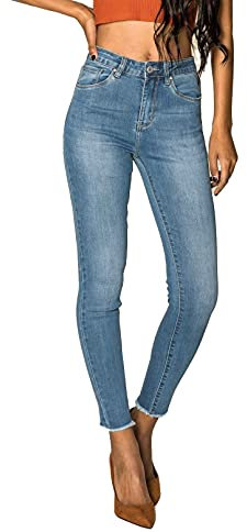 Nina Carter P077 Jean coupe skinny pour femme, taille haute, aspect usé, effet délavé, Bleu (P077-5), L