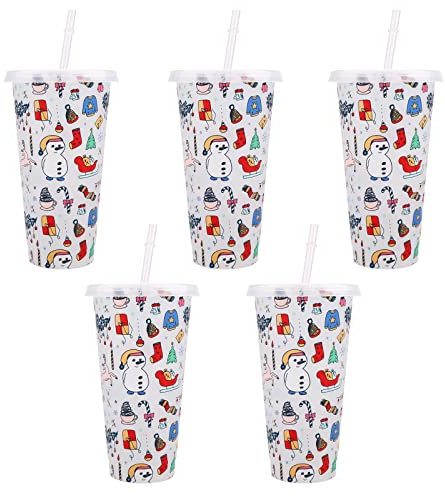 Gobelets Changement Couleur 5 Pièces Tasses de Noël en Plastique Gobelets de Voyage Réutilisables avec Couvercles et Pailles Tasse de Café Glacé Tasses de Changement de Boisson d'eau Froide, 710 ml