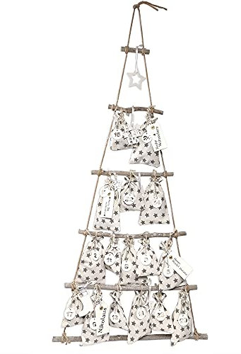 Frau WUNDERVoll® DIY Stoff Adventskalender zum Befüllen Weihnachtsbaum weiß grau Sterne Stoffbeutel, Ziffern weiß, Höhe 110cm Leiterbaum/Beutel Säcke Säckchen Stoffsack Baumwolle Geschenkbeutel
