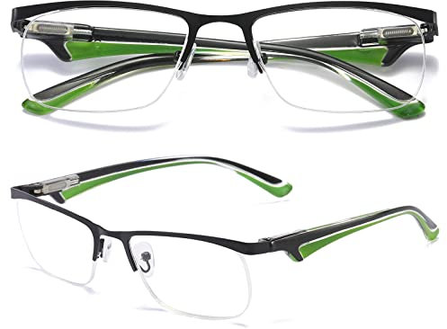 MAGIMODAC Lesebrille Blaulichtfilter Halbrahmen Lesebrillen Rechteckige Lesehilfe Federscharnier Metall Sehhilfe mit PU Leder Etui für Herren Damen (Grün, 3.00)
