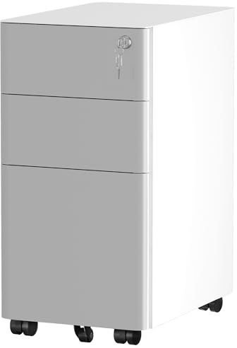 YITAHOME Rollcontainer mit 3 Schubladen, Metall Abschließbar Aktenschrank für A4, Legal, Letter, Mobiler Büroschrank mit Rollen für Home-Office, Hängeregistratur, 45 x 30 x 61cm, Weiß + Grau
