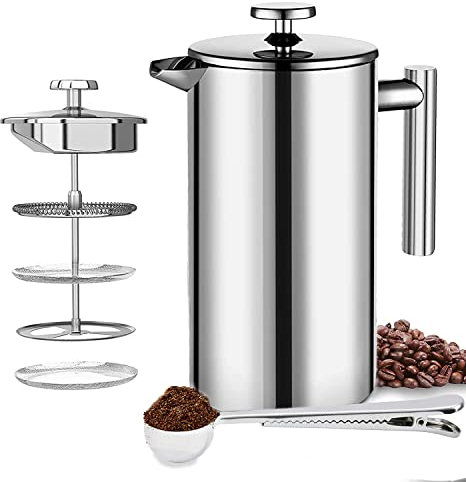 JIMOTEG French Press Coffee Maker, 304 Stainless Steel Cafetiere, 1L/34oz Double Wall Metal Insulated Coffee Tea Maker with 4 Level Filtration Systems, 1 Coffee Spoon and 2 Extra Filter Screens