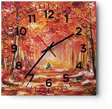 Modern Wanduhr Herbst Wald Rot 30x30cm Quadrat Klein Wand Uhr Glas Analog Zimmeruhren Küche Büro Wohnzimmer Glasuhr Wall Clock Dekoration Design Wanddekoration Küchenuhr C4AC30x30-4238