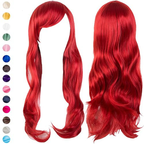 Lange Lockige Perücke, 28 Zoll/70cm Rot Cosplay Perücke für Frauen, Perücken mit Pony, Damen Perücke Lang, geschichtete, für Alltag Anime Cosplay Kostümparty Halloween Karneval