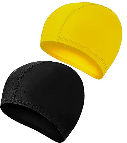 2 gorros de natación para niños, niñas, niños y adultos adolescentes, cómodos gorros de natación ligeros, súper elásticos, sin tirones, para cabello largo y corto (amarillo/negro)