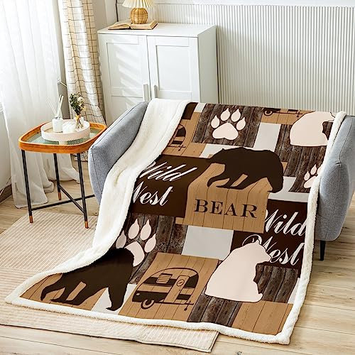 Bär Kuscheldecke Bär Lodge Patchwork Decke 75x100cm für Jungen Mädchen Bauernhaus Wohndecke Wildtiere Tier Flanell Fleecedecke Atmungsaktiv Couchdecke Sammlung für Couch
