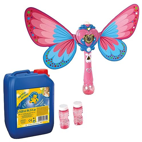 PUSTEFIX Zauberstab Butterfly I Seifenblasen Stab mit Nachfüllkanister 2,5L I Mit Ventilator, Licht & Soundeffekten I Leicht abnehmbare Flügel