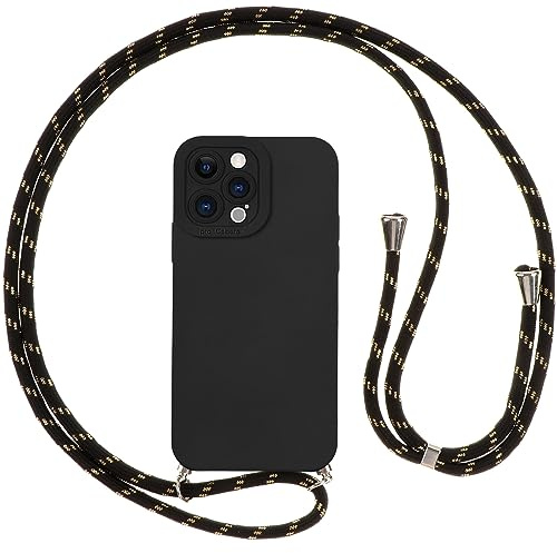 Vauki Coque pour iPhone 15 Pro avec Cordon, Etui avec Collier - Tour de Cou Lanière en Corde - Silicone Housse avec Réglable Chaine pour iPhone 15Pro, Bandouliere - Noir