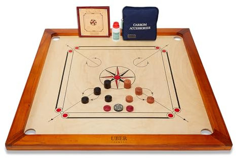 Uber Games – Premium Carrom Board Set – 78x78cm Offizielles Spielbrett mit 24 Holz-Münzen, 1 Acryl-Münze, 30g Pulver und Regelheft – Made in India (Brett+Tasche) für 2-4 Spieler ab 12 Jahren