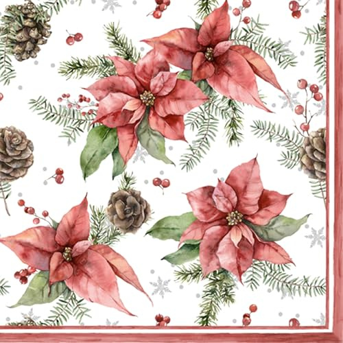20 Servietten Weihnachten Zapfen an Weihnachtsstern als Tischdeko. Papierservietten mit Motiv. Auch für Decoupage und Serviettentechnik 33x33cm